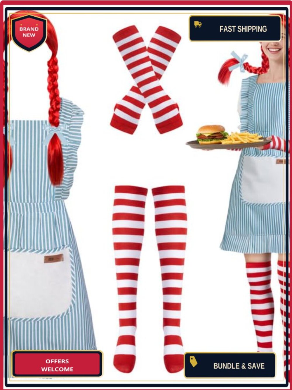 Fast Food Girl Costume Set Braided Wig Bow Apron Gloves Socks